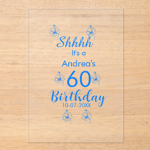 Blue white mauve shhhh 60th birthday floral name acrylic invitations