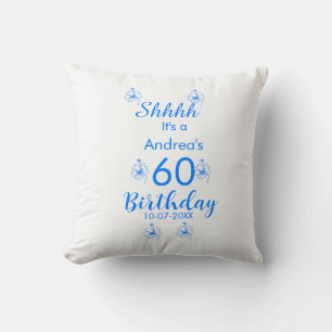 Blue white mauve shhhh 60th birthday floral name cushion