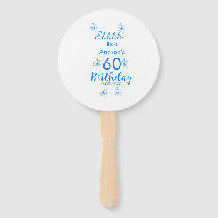 Blue white mauve shhhh 60th birthday floral name hand fan