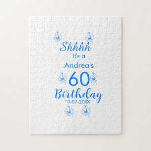 Blue white mauve shhhh 60th birthday floral name jigsaw puzzle