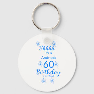 Blue white mauve shhhh 60th birthday floral name key ring