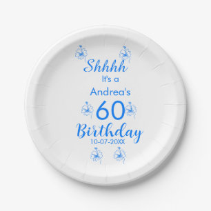 Blue white mauve shhhh 60th birthday floral name paper plate