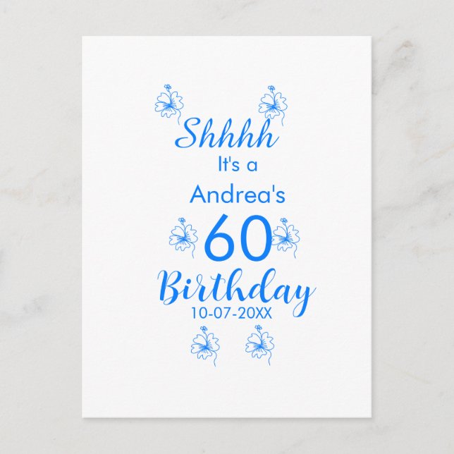 Blue white mauve shhhh 60th birthday floral name postcard (Front)