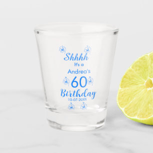Blue white mauve shhhh 60th birthday floral name shot glass