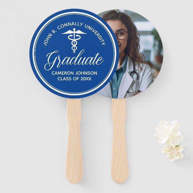Blue White Medical School Graduation Party Hand Fan (Front and Back)