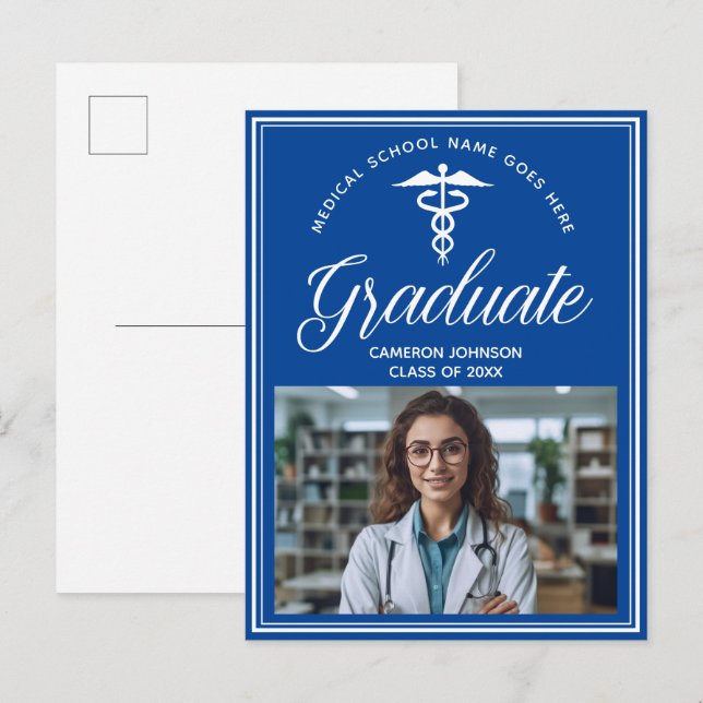 Blue White Medical School Photo Graduation Announcement Postcard (Front/Back)