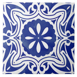 Blue White Mediterranean Abstract Floral Tile
