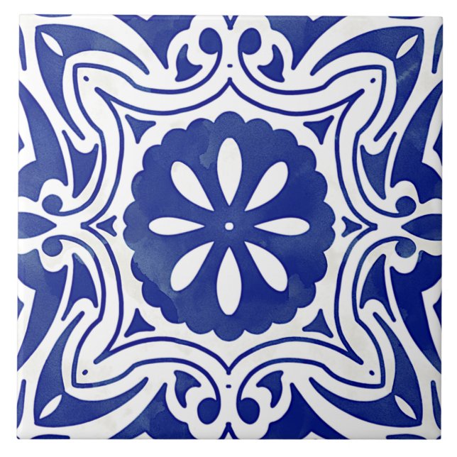 Blue White Mediterranean Abstract Floral Tile (Front)