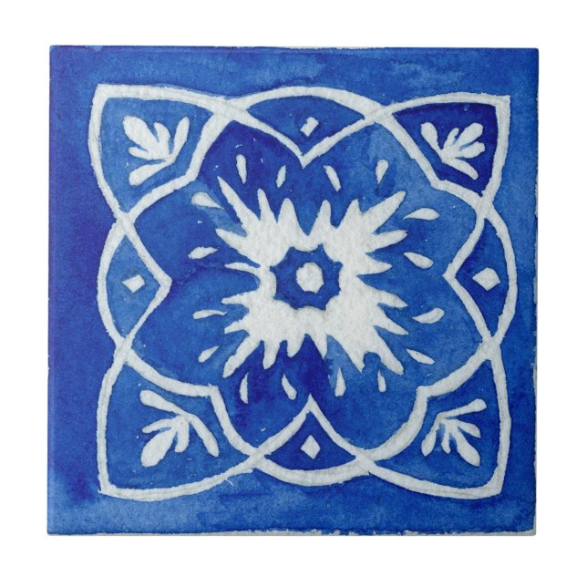 Blue & White Mediterranean Patterned Watercolor Tile (Front)