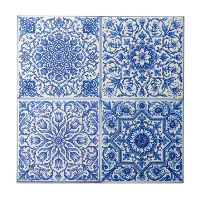 Blue White Mediterranean Tile Botanical Pattern (Front)