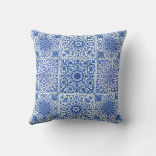Blue White Mediterranean Tile Botanical Pattern Cushion