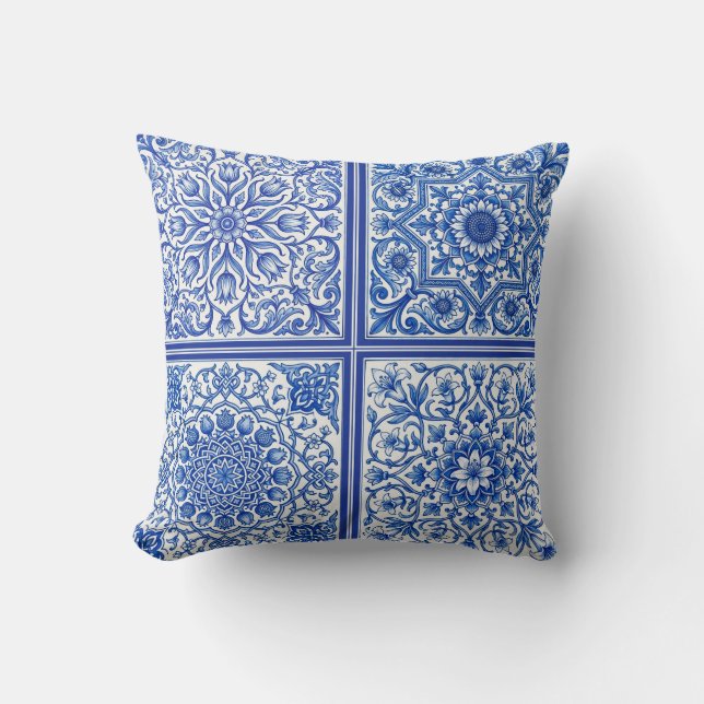 Blue White Mediterranean Tile Botanical Pattern Cushion (Front)