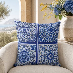 Blue White Mediterranean Tile Botanical Pattern Cushion