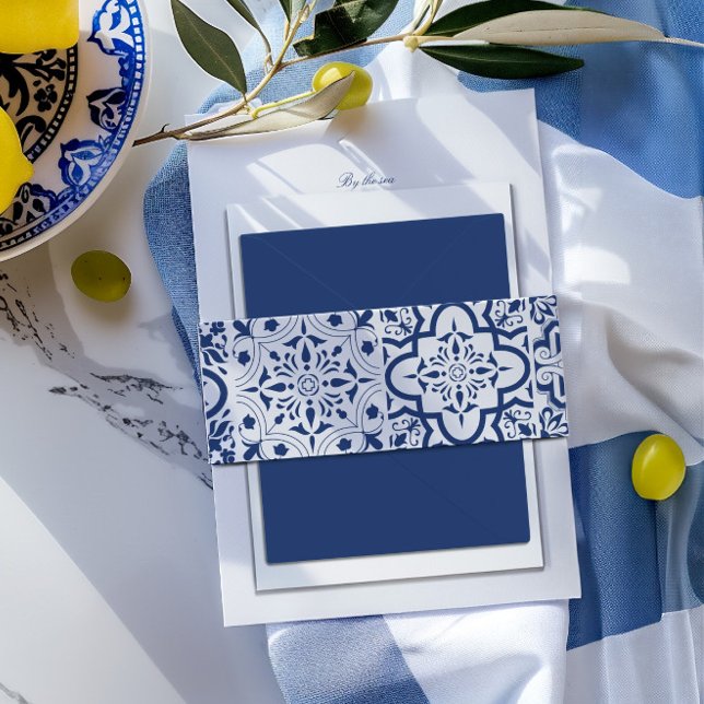 Blue & White Mediterranean Tile Wedding Invitation Belly Band (Blue & White Mediterranean Tile Wedding Invitation Belly Band)