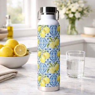 Blue White Mediterranean Tiles Lemon Pattern Water Bottle