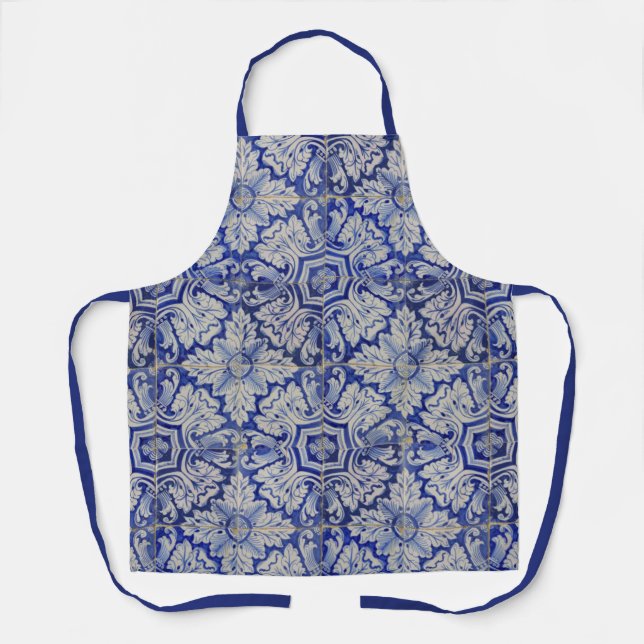 Blue & White Mediterranean Vintage Floral Pattern  Apron (Front)