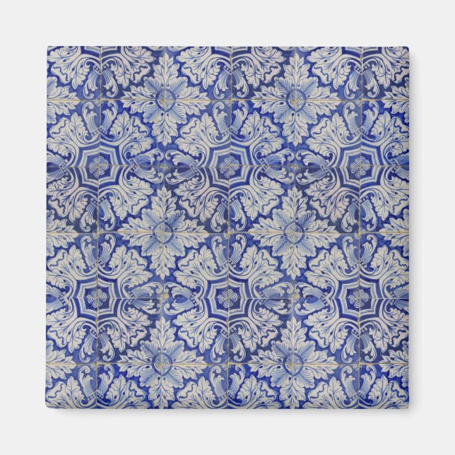 Blue & White Mediterranean Vintage Floral Pattern Magnet (Front)