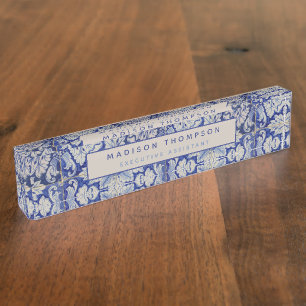 Blue & White Mediterranean Vintage Floral Pattern Nameplate