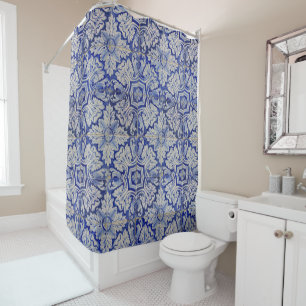 Blue & White Mediterranean Vintage Floral Pattern Shower Curtain
