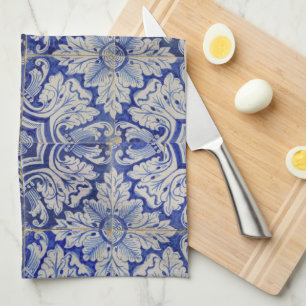 Blue & White Mediterranean Vintage Floral Pattern  Tea Towel