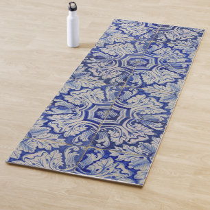 Blue & White Mediterranean Vintage Floral Pattern Yoga Mat