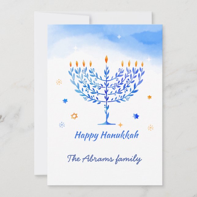 Blue & white Menorah Candles with Hanukkah wishes Thank You Card (Front)