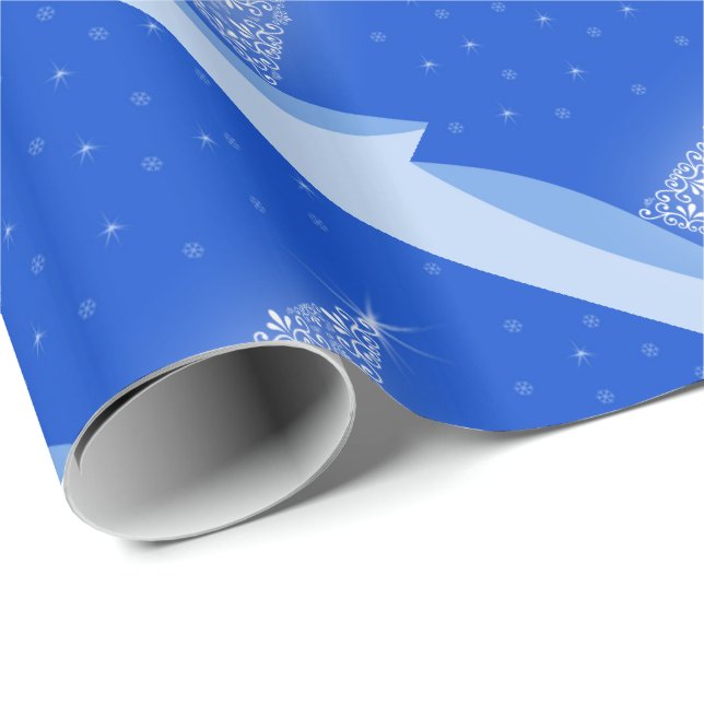 Blue White Merry Christmas Tree Pattern with Stars Wrapping Paper (Roll Corner)