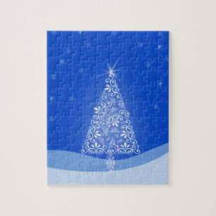 Blue White Merry Christmas Tree Stars Night Light Jigsaw Puzzle
