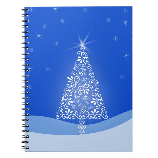 Blue White Merry Christmas Tree Stars Night Light Notebook (Front)