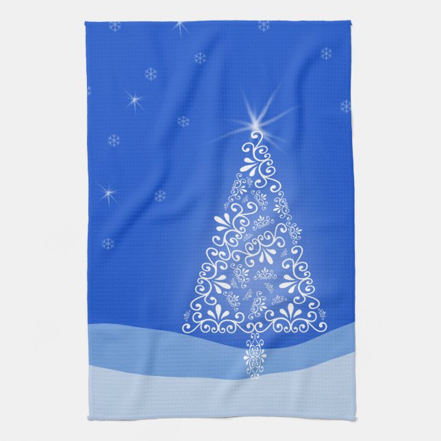 Blue White Merry Christmas Tree Stars Night Light Tea Towel (Vertical)
