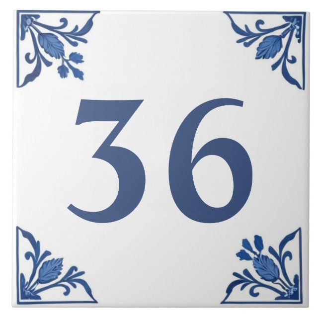 Blue White Minimal Delft Custom House Number Sign Tile (Front)