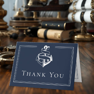 Blue White Minimal Nautical Anchor Coastal Wedding Thank You Card