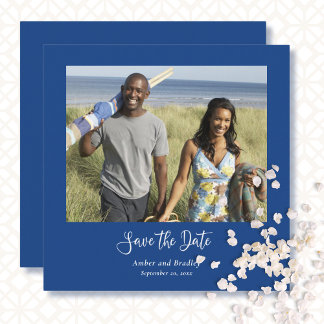Blue White Minimal Photo QR Code Save the Date Invitation