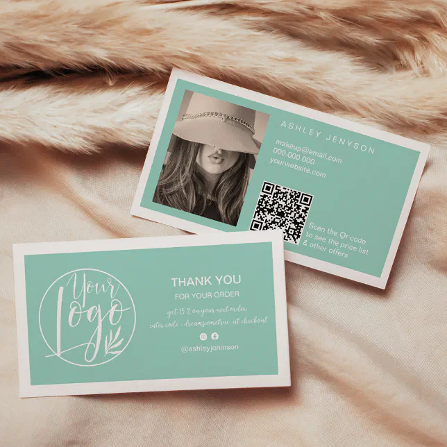 Blue white minimalist logo Qr order thank you Business Card | Zazzle