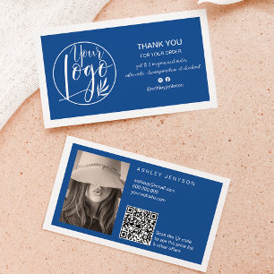 Blue white minimalist logo Qr order thank you Business Card