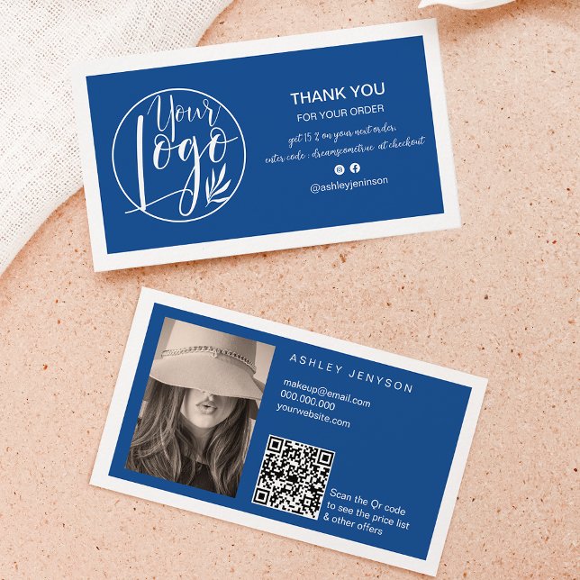 Blue white minimalist logo Qr order thank you Business Card (Blue white minimalist logo Qr order thank you Business Card)