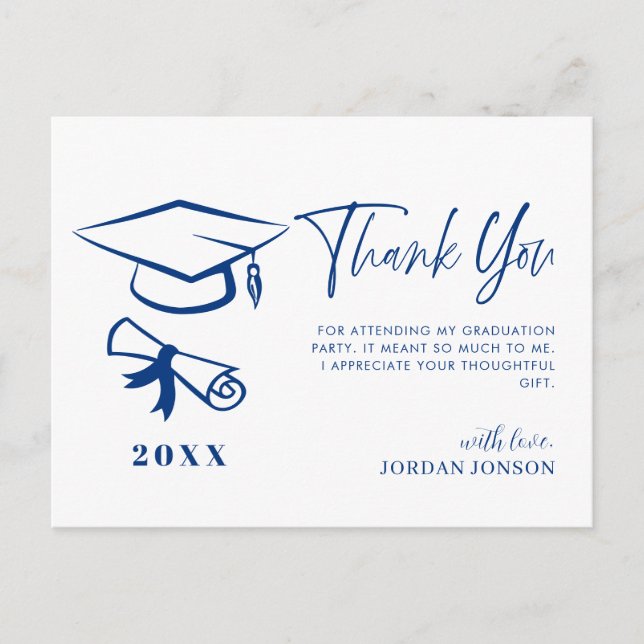 Blue White Minimalist Modern Graduation Thank You Postcard (Front)