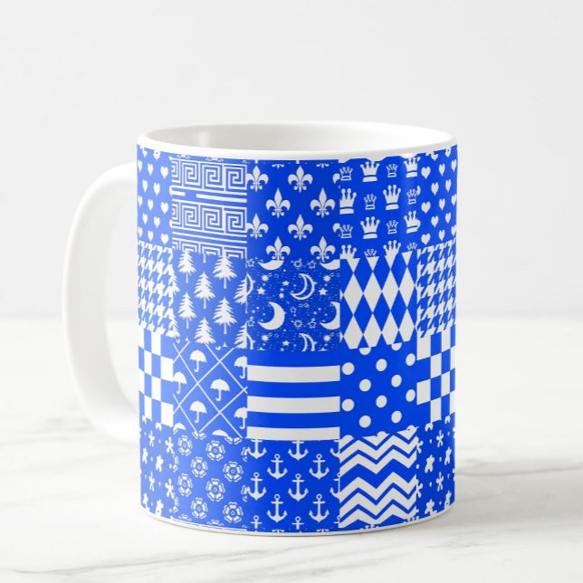 Blue White Mixed Patterns Patchwork Design  Coffee Mug (Creator Uploaded)