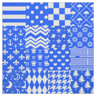 Blue White Mixed Patterns Patchwork Design Fabric