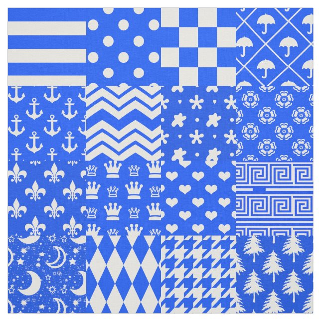 Blue White Mixed Patterns Patchwork Design  Fabric (Swatch)