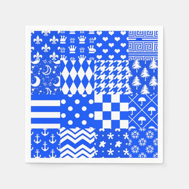 Blue White Mixed Patterns Patchwork Design  Napkin (Front)