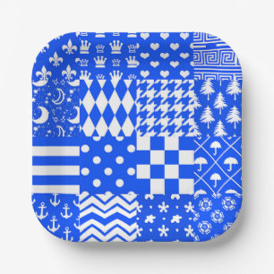 Blue White Mixed Patterns Patchwork Design Paper Plate