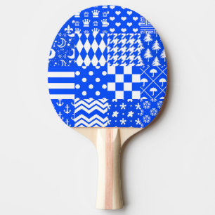 Blue White Mixed Patterns Patchwork Design Ping Pong Paddle
