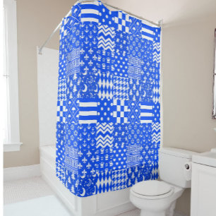 Blue White Mixed Patterns Patchwork Design Shower Curtain