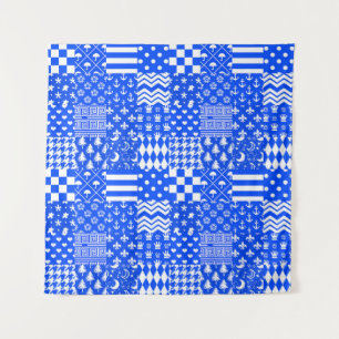 Blue White Mixed Patterns Patchwork Design  Tapestry
