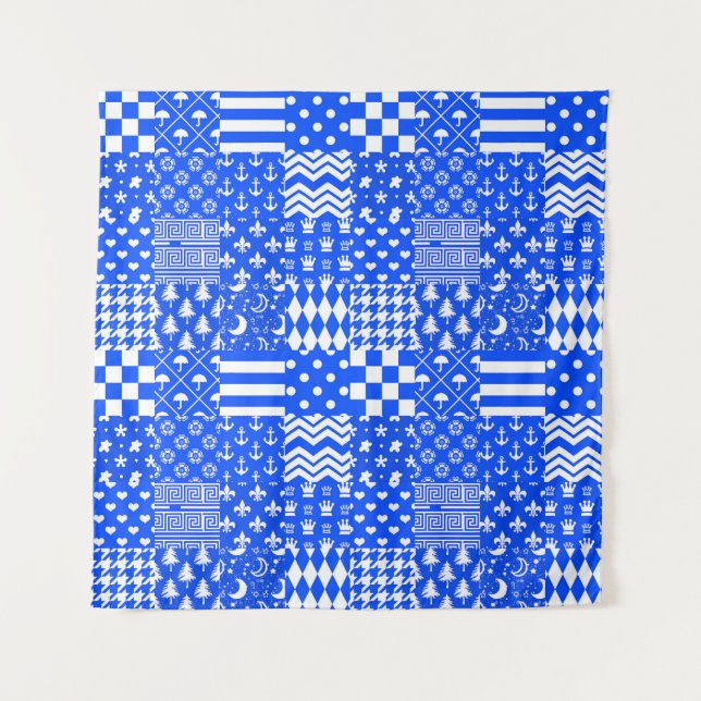 Blue White Mixed Patterns Patchwork Design  Tapestry (Front)