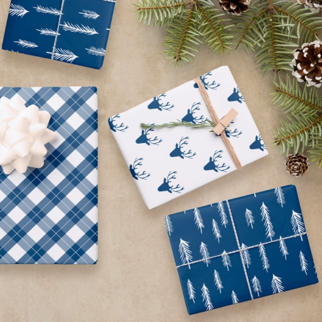 Blue White Mixed Rustic Patterns Deer Woods Plaid Wrapping Paper Sheet (Creator Uploaded)