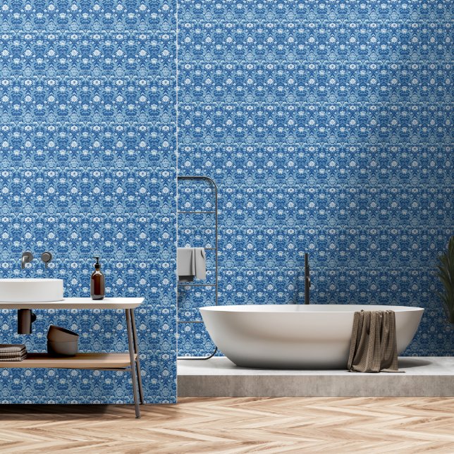 Blue White Modern Art Deco Pattern Wallpaper (Bathroom)