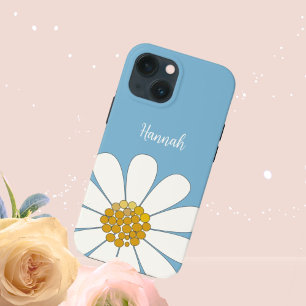 Blue  White Modern Daisy Flower Personalise Name  iPhone 13 Mini Case