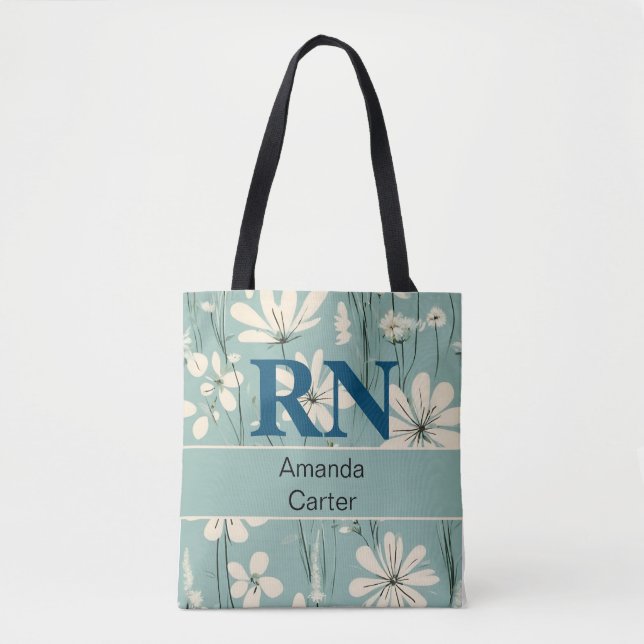 Blue White Modern Daisy Personalised Name RN Nurse Tote Bag (Front)